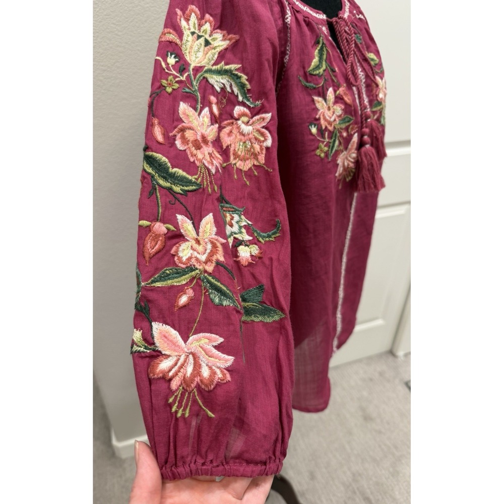 Sundance Shayda Red Lightweight Peasant Top w/floral embroidery & Tassels S - Picture 5 of 8